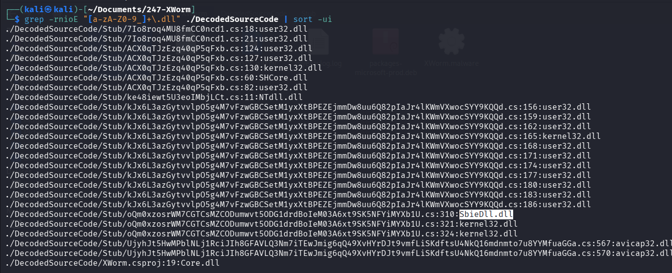 Grep output listing all DLL references found in the decompiled source code, sorted uniquely. Among standard Windows DLLs (user32.dll, kernel32.dll, NTdll.dll), the Sandboxie detection DLL SbieDll.dll is highlighted.